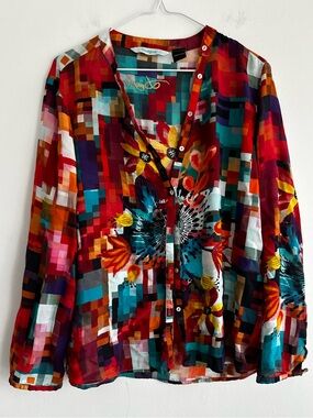 Desigual Multicolor Pixel & Floral Button-Down Blouse Size XL